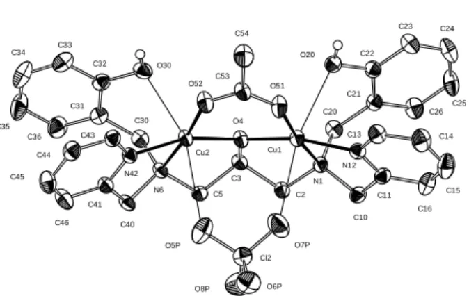 Figure 1. Drawing of the cation in complex 1, [Cu 2 (H 2 bbppnol) (µ-OAc)(µ-ClO 4 )] + , with the atom numbering scheme