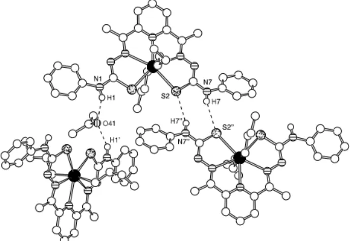 Figure 2. Representation 14  of the crystal structure of [ n Bu 2 Sn (dappt)]·(Me 2 CO) 0.5   (3), showing three molecules of the tin complex and one of the acetone solvate