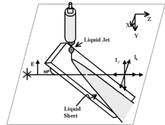 Figure 3. Sample position scheme showing the parabolic liquid film, fluorescence components parallel (I // ) and perpendicular (I ⊥ ) to the laser electric field.