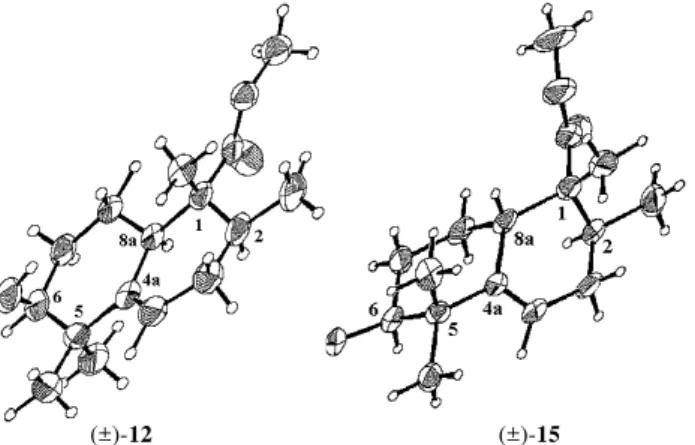 Figure 2. ORTEP drawing of X-ray crystallographically determined structures of  (±)-12 and (±)-15