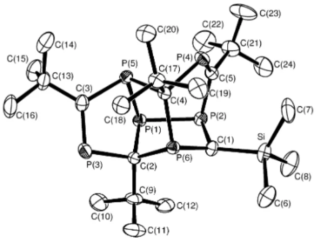 Figure 1. Molecular structure of P 6 C 4 Bu t 4 CHSiMe 3   (1), showing the atoms labelling (hydrogen atoms are omitted for clarity).