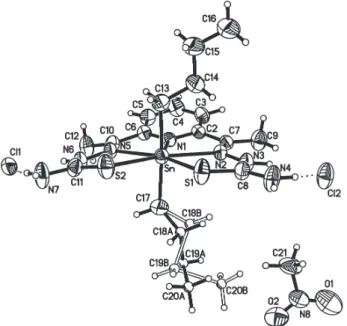 Figure 2. Perspective view of [Me 2 Sn(H 2 dapsc)][Me 2 SnCl 4 ] (2) show- show-ing the atom numbershow-ing scheme.