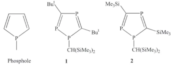 Figure 1. Chemical structures of phosphole, 1-[bis(trimethylsilyl) methyl]-3-5-di-tert-butyl-1,2,4-triphosphole (1)  and  1-[bis(trimethylsilyl)methyl]-3,5-trimethylsilyl-1,2,4-triphosphole (2).