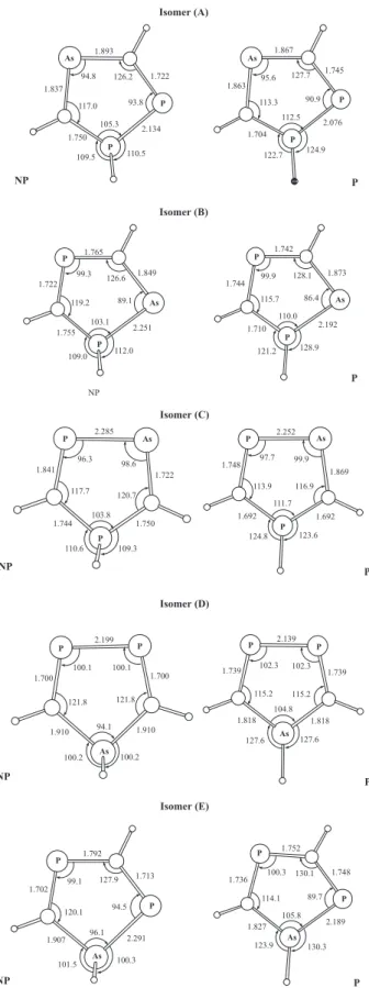 Figure 4. MP2/6-31G(d) Optimized structural parameters for the five possible arsadiphosphole isomers