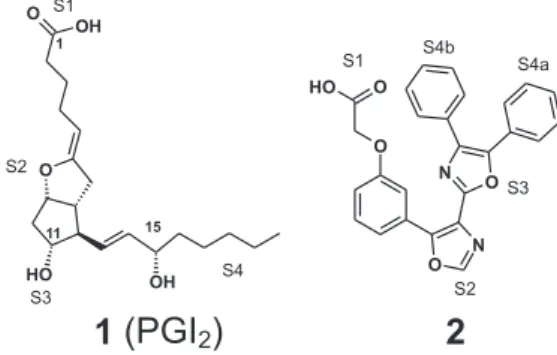 Figure 1. Structures of prostacyclin I 2 1 and compound 2 4-8  and pharmacophoric sites (S1, S2, S3, and S4) definition according SAR studies