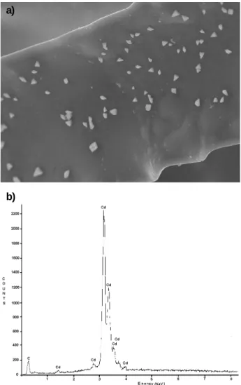 Figure 3. a) SEM analysis of the 60 ppi RVC electrode after Cd electrodeposition at –1.10 V, for 30 minutes