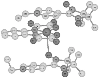 Figure 3. Molecular structure of (Et-Rad) 2 [Cu(opba)].CH 3 CN.H 2 O 30 . For the sake of simplicity solvent molecules are not represented (open  circles = carbon,  cross-hatched  circles = oxigen,  hatched circles = nitrogen)