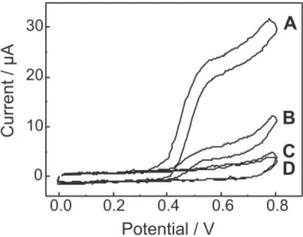 Figure 7. Voltammograms of air saturated solutions containing 2.0x10 -4  mol L -1  Cu II G 4 , in 0.05 mol L -1  borate medium (pH 10) and 0.1 mol L -1  KNO 3 