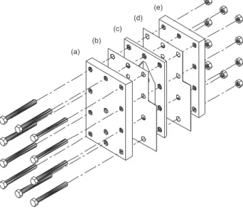 Figure 1. Schematic expanded view of the cell reactor. a and e: end plates.  b: platinum cathode