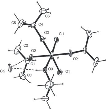 Table 3. Selected bond lengths (Å) and angles (deg) for [VCl(O)(HOPr i ) 4 ]Cl (2) Bond lengths V – O(2) 2.036(3) O(2) – C(1) 1.462(5) V – Cl(1) / O(1) 2.073(2) O(3) – C(4) 1.455(5) V – O(3) 2.132(3) Angles