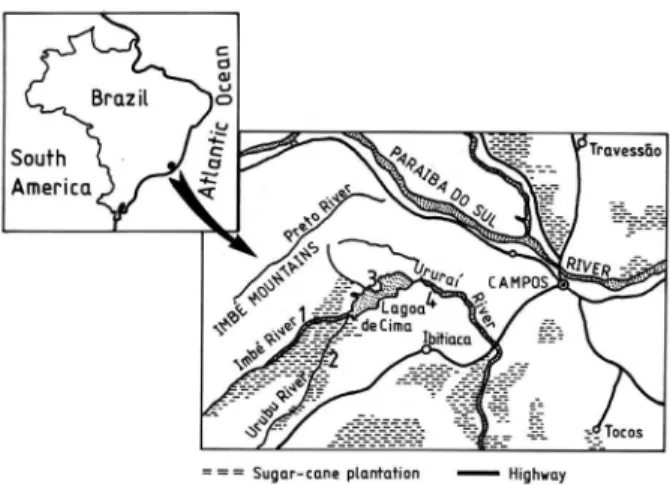 Figure 1. Map of the sampling region, showing Lake de Cima (3) and the Imbé (1), the Urubu (2) and the Ururai (4) rivers