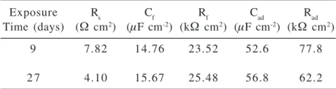 Table 2. Fitting parameters used to simulate the EIS data for AISI 304 steel given in Figure 9
