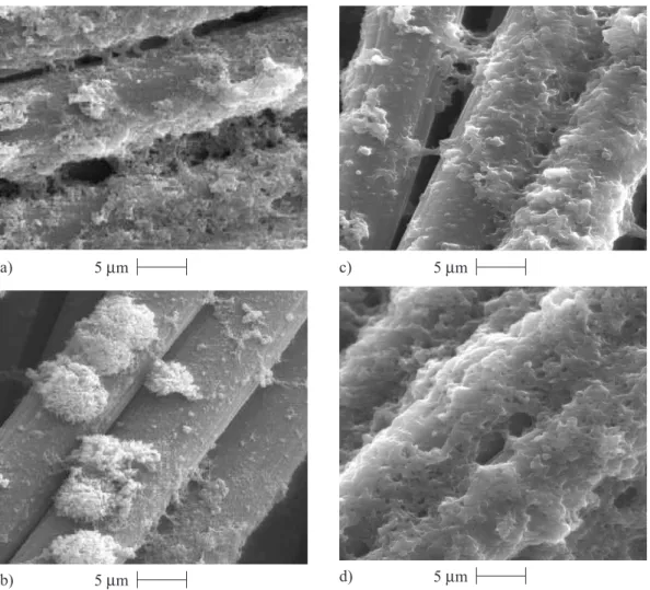 Figure 8. SEM micrographs of the Pani(DMcT-Cu ion)/carbon fiber composites prepared with CuCl 2  (procedures A (a) and B (b)), or with CuSO 4  (procedures A (c) and B (d))