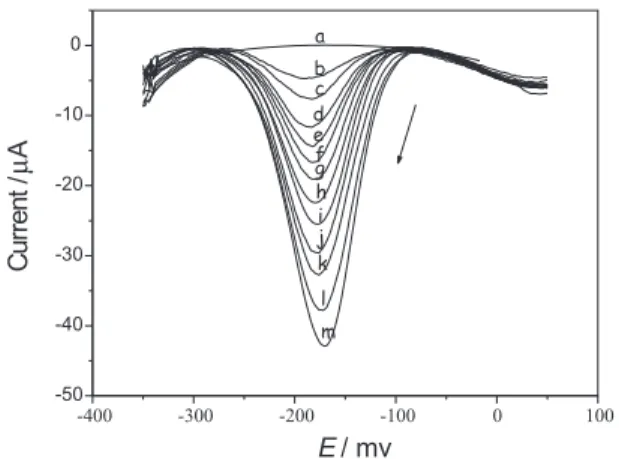 Figure 5. Differential pulse voltammograms (adrenaline analytical curve) (a) 0.1 mol L -1  phosphate buffer solution (pH 7.0) (blank) and adrenaline solutions at the following concentrations: (b) 0.6 x 10 -4 ; (c) 1.2 x 10 -4 ; (d) 1.8 x 10 -4 ; (e) 2.4 x 