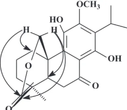 Figure  2. Key HMBC correlations observed for the 11,14- 11,14-dihydroxy-12-methoxy-7-oxo-8,11,13-abietatrien-19,20-olide (2).