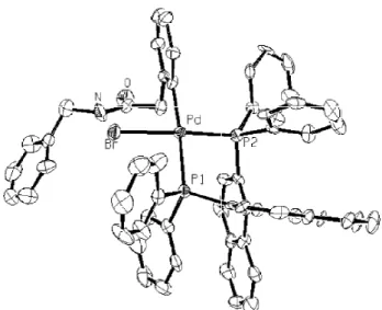 Table 2. Selected bond lengths (A o ) and angles (deg) for [PdBr(o- [PdBr(o-C 6 H 4 CH 2 CON(H)Bn){(S)-BINAP}] (1) with estimated standard  de-viations in parentheses Bond Distances Pd-C31 2.030(9) P2-C211 1.820(9) Pd-P2 2.269(2) P2-C21 1.846(9) Pd-P1 2.39
