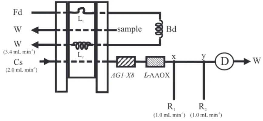 Figure 3. Influence of flow rate. Curve I and II express the results obtained for 50.0 and 5.0 mmol L -1  L-alanine solution
