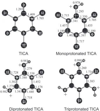 Figure 2. Geometries for TICA and its protonated forms, obtained after optimization at B3LYP/6-31++G** level.