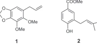 Figure 1. Isolated marker compounds 1 (dillapiol) and 2 (benzoic acid derivative).