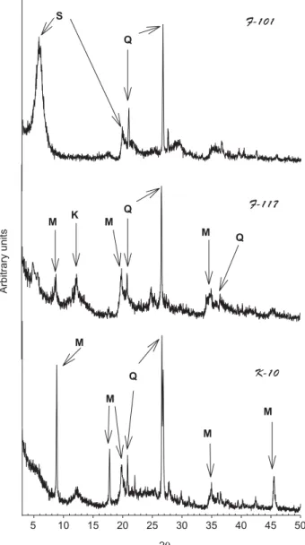 Figure 1 shows the XRD patterns of F-101, F-117 and K-10 clays. The F-101 clay shows a strong reflection at 15.23 Å (2T = 5.78º), which indicates the presence of smectite