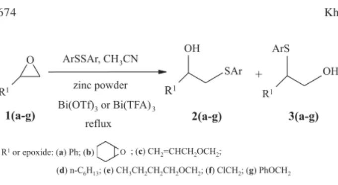 Table 1. Regioselective ring opening of epoxides with aryl disul- disul-fides and zinc powder by Bi(OTf) 3  and Bi(TFA) 3  in actonitrile