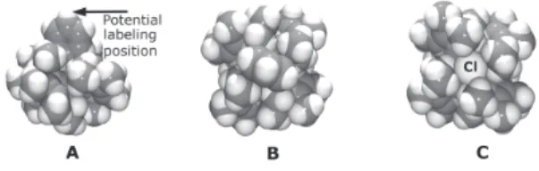 Figure 10. Space-filling model of the molecular structure of the [Re(NPh)Cl(1,3-ethyl-4,5-dimethylimidazol-2-ylidene) 4 ] 2+  cation (A: side view; B: top view of the NPh 2–  ligand; C: top view to the Cl –  ligand).