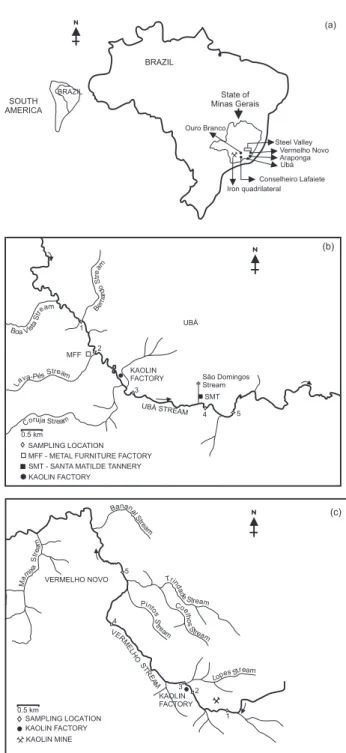 Figure 1. Maps of the areas studied showing: (a) State of Minas Gerais; (b) sampling sites in Ubá; (c) sampling sites in Vermelho Novo.