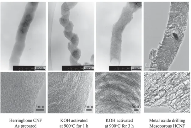 Figure 21. Typical examples of herringbone type CNF (HCNF) activated with KOH and metal oxide.