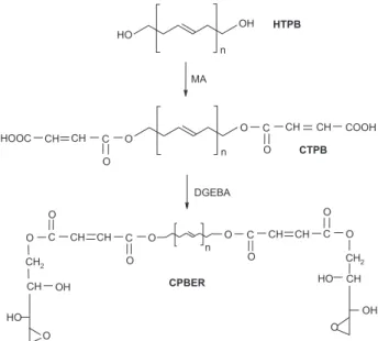 Figure 1. Synthetic steps involved in the preparation of polybutadiene- polybutadiene-epoxy resin block copolymer.