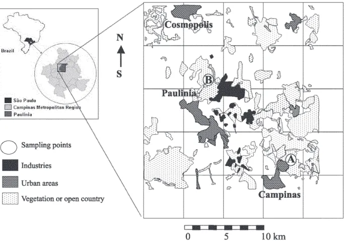 Figure 1. Location of the area studied and of the sampling points (A-Unicamp and B-Paulínia).