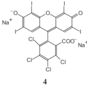 Figure 6. Vis absorption (1) and fluorescence (2) spectra of dye 4 in ODPB matrix, dye content 35 mole%.