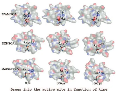Figure S2. Distance variations between the phosphorous atom of GA and the oxygen of 2-PAM, DZP and DZPanion, along the MD simulations, when docked inside the HuAChE active side; Figures prepared with the software PyMOL.