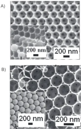 Figura 13. Electron micrographs of macroporous carbons prepared by (A) the procedure using acid catalyst (A) in Scheme 5 and (B) the procedure using acid template (B) in Scheme 5 (Adapted from Ref