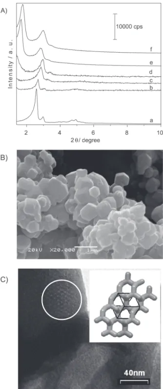 Figure 12 shows the transmission electron micrographs of the siliceous SBA-15 and of the final CMK-3 where it is possible to confirm the presence of the paralell carbon rods.