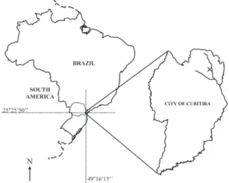 Figure 1. Location of the sampling site in the Bacacheri watershed, Curitiba, Brazil. The X symbol indicates the sampling point at the José Gulin Avenue.