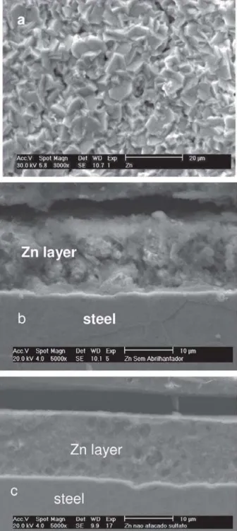 Figure 1 shows the SEM images of the surface and cross section morphologies of the as-electrodeposited Zn coatings