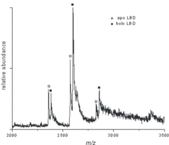 Figure 3. ESI mass spectrum of a 1:1 mixture of hRAR-γ LBD and ATRA in 10 mmol L -1  ammonium acetate at pH 7.