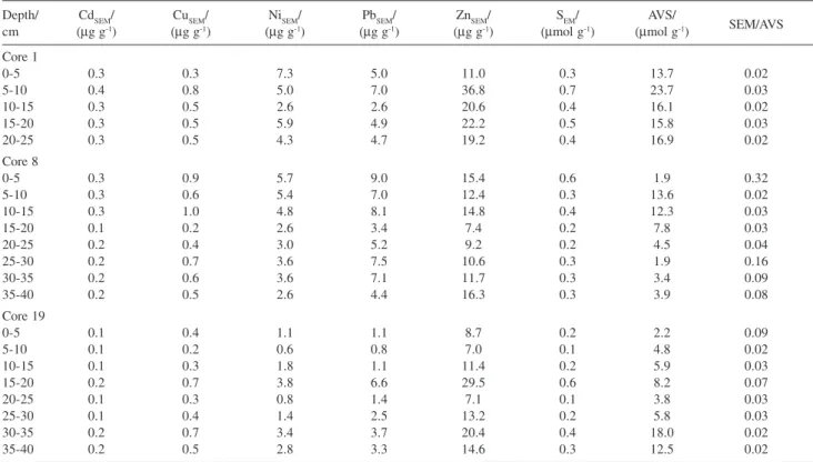 Table 3 and Figures 4, 5 and 6 show the distributions of the total metals and SEM for the three cores.