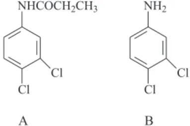 Figure 1. Structure of the herbicide propanil (A) and of the metabolite 3,4-DCA (B). A B NH 2 ClClNHCOCH2CH3ClCl