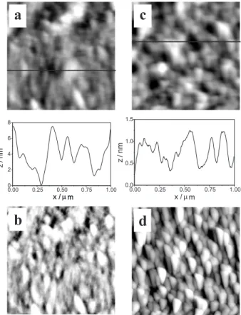 Figure 2. AFM images 1 µm × 1 µm obtained for HXG adsorbed onto amino-terminated surfaces (a) topography (z = 3 nm) with the  correspon-ding cross-section analysis and (b) phase image (z = 2 V).