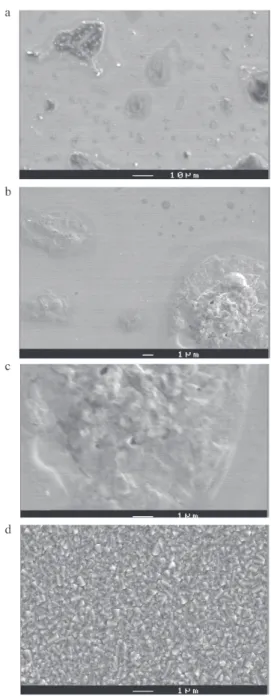 Figure 5. Micrographs of PCz thin film obtained at Ep = 1.18 V for (a) 5 s, (b) 10 s, (c) 15 s and (d) 2 min.