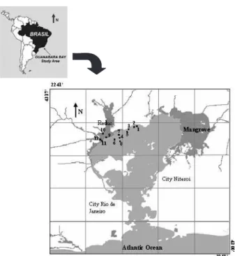 Figure 1. Guanabara Bay map showing the 12 sampling stations next to the Duque de Caxias Refinary of Petrobras (Reduc).