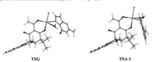 Figure 3. B3LYP/6-31G(d)/LanL2DZ optimized structures for the transition states (TS) involved in the binding of AHTC-Pt aquated species with purine  bases G and A