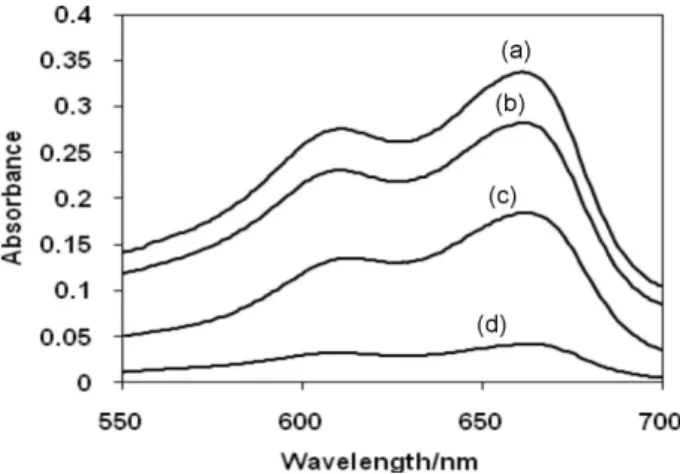 Figure  5. Absorption  spectra  of  2×10 -5  mol  L -1   MB  solution  in  the  presence of 1.2×10 -4  mol L -1  SDS and different concentrations of 1×10 -5 (a);  