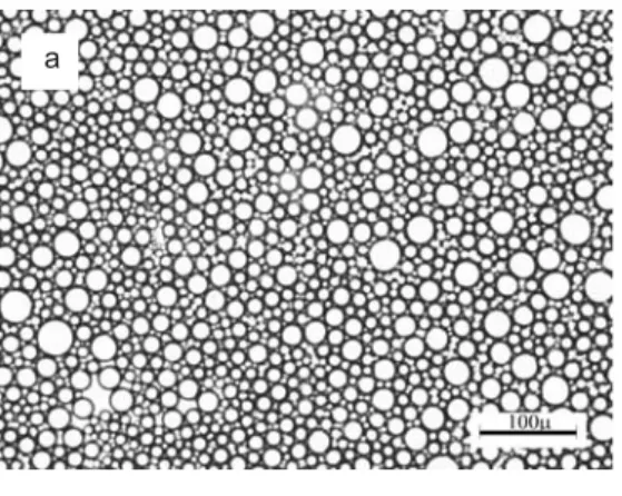 Figure 10. a) Optical microscopic image of sample 2 (a sunflower- -casein  emulsion); b) Optical microscopic image of sample 15 (a decane- -casein  emulsion); c) Globule diameter distribution of sample 2; d) Globule  diameter distribution of sample 15.