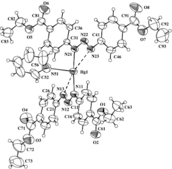 Figure 1. Molecular structure with atom-labeling scheme of the tecton  [Hg II (RC 6 H 4 NNNC 6 H 4 R) 2 Py] [R = EtOC(O)]