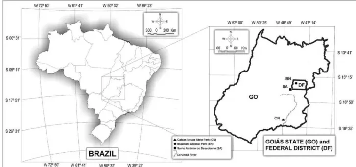 Figure 1. Map of the Brazilian Cerrado region showing the locations of L. ericoides sampling sites: Brasília’s National Park (BN), Santo Antônio do  Descoberto city (SA), and Caldas Novas’ State Park (CN), as well as the Corumbá River basin which geographi