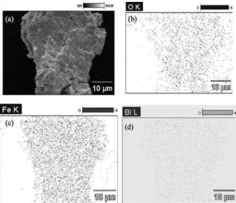 Figure 4. (a) Microparticle micrograph. (b), (c), and (d) are O(K), Fe(K),  and Bi(L) EDS mappings, respectively.