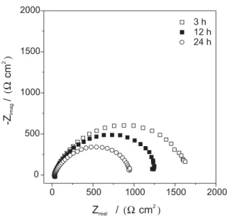 Figure 6. Nyquist plots for carbon steel substrate obtained after 3, 12 and  24 h of immersion in 0.1 mol L -1  NaCl solution.