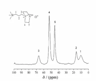 Figure  1.  Solid  state  13 C  NMR  spectrum  of  SiDbCl.  Marked  peaks  corresponds to the C atoms assignments shown in the inset structure.